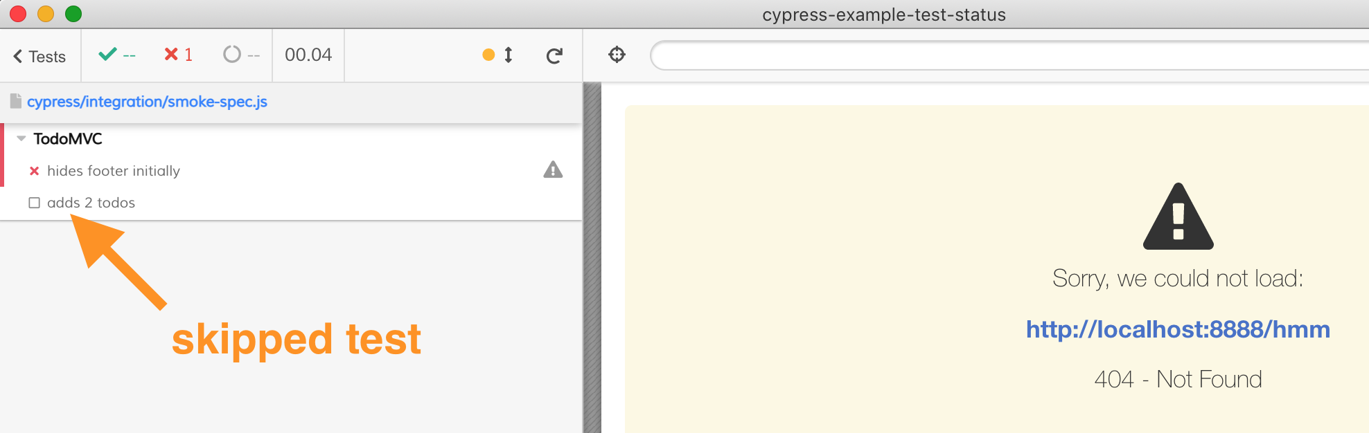 Cypress App showing one failed and one skipped test